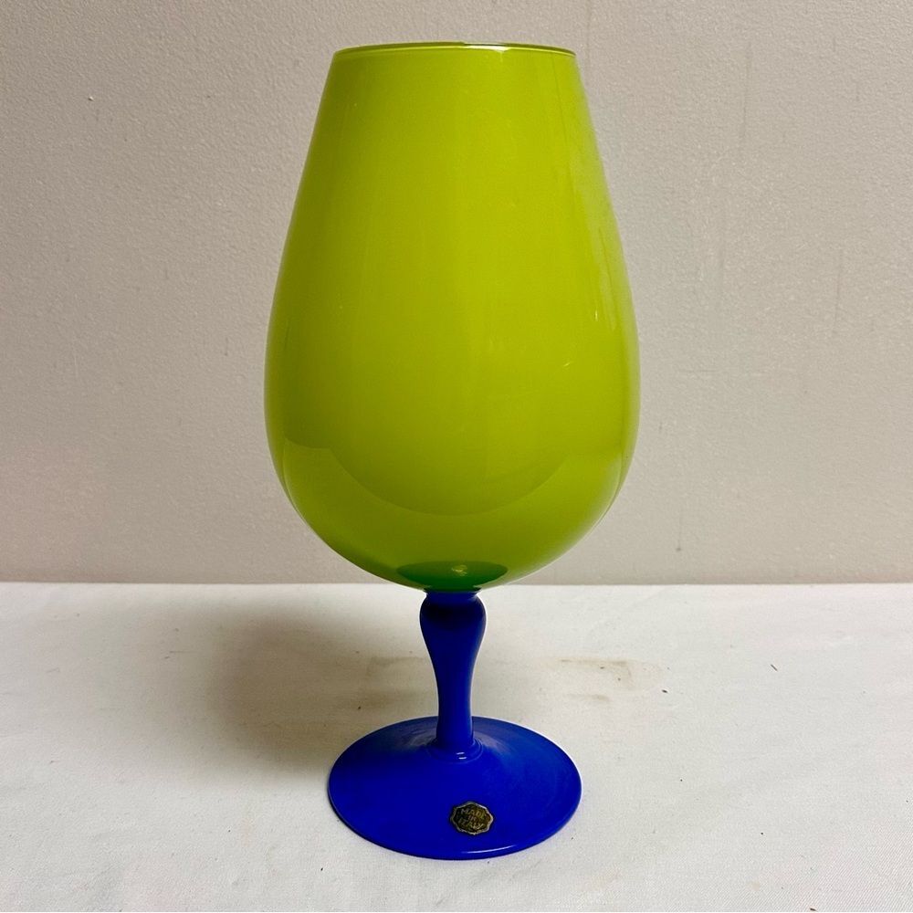 Vintage Chartreuse Green and Periwinkle Blue Italian Empoli Snifter Vase